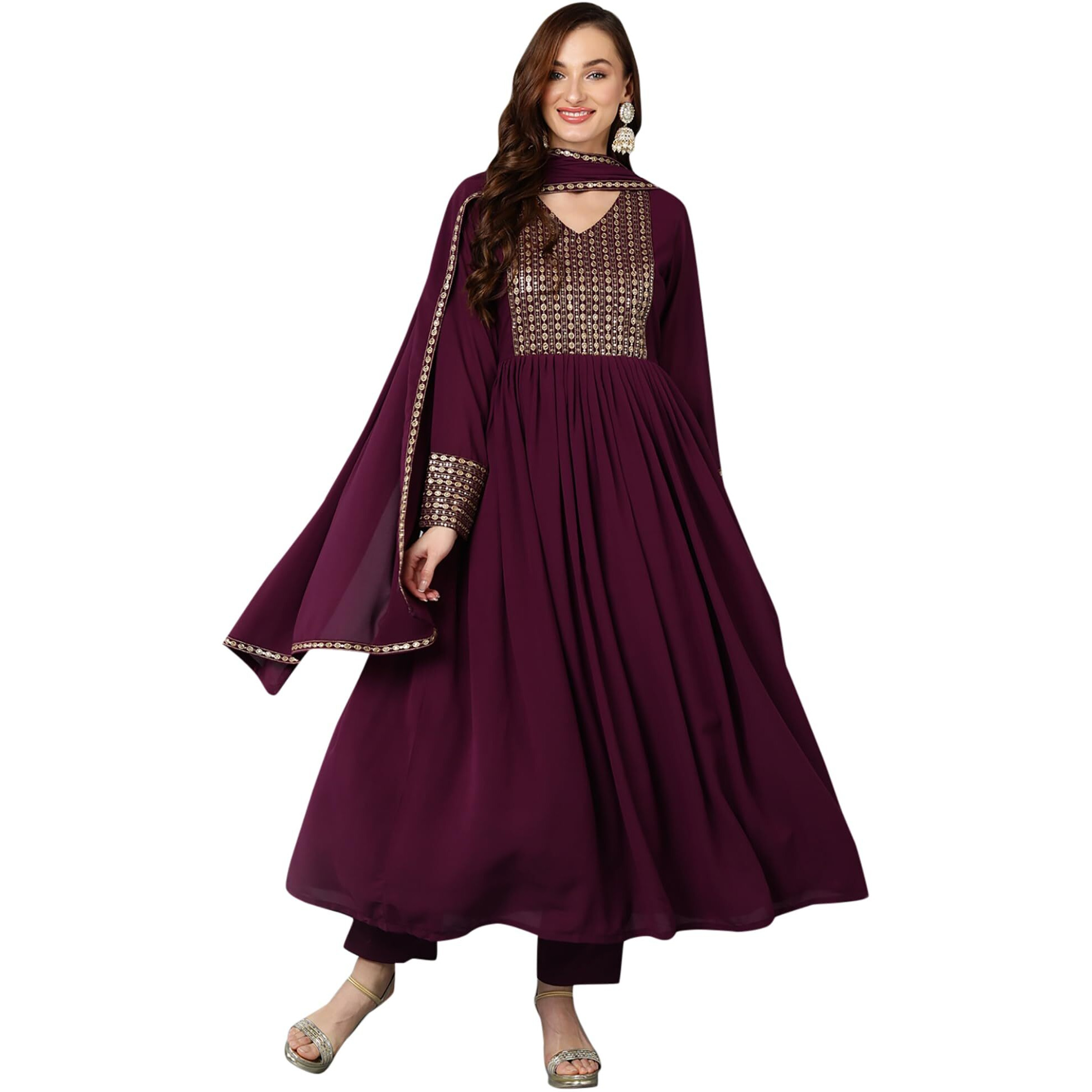 Vaamsi Women's Georgette Solid Yoke Design A-Line Kurta Set With Dupatta (PKSKD1852_Burgundy_3XL)