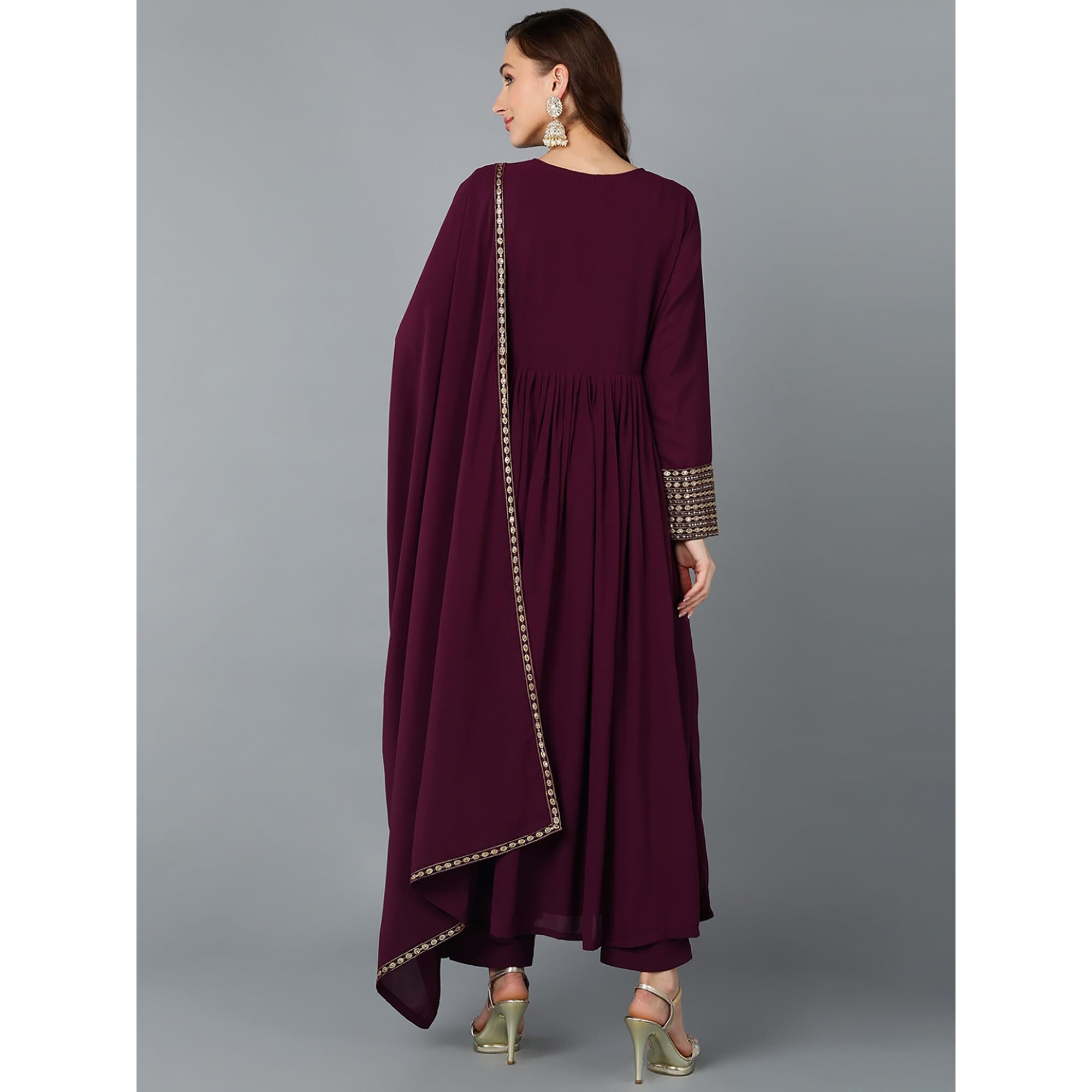 Vaamsi Women's Georgette Solid Yoke Design A-Line Kurta Set With Dupatta (PKSKD1852_Burgundy_3XL)