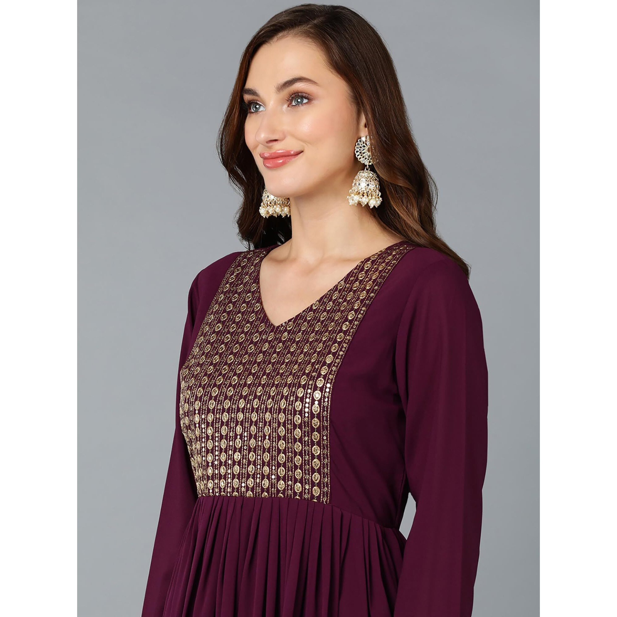 Vaamsi Women's Georgette Solid Yoke Design A-Line Kurta Set With Dupatta (PKSKD1852_Burgundy_3XL)