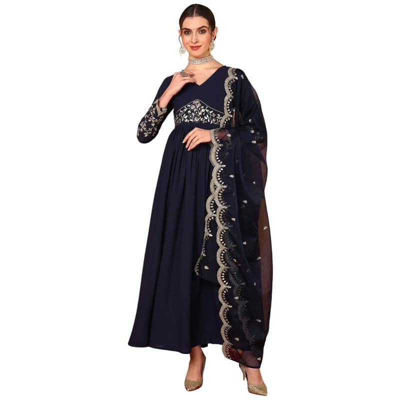 Vaamsi Women's Georgette Solid Embroidered Anarkali Kurta With Dupatta (VKSET1486_Blue_S)
