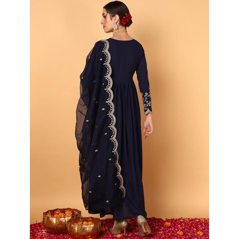 Vaamsi Women's Georgette Solid Embroidered Anarkali Kurta With Dupatta (VKSET1486_Blue_S)