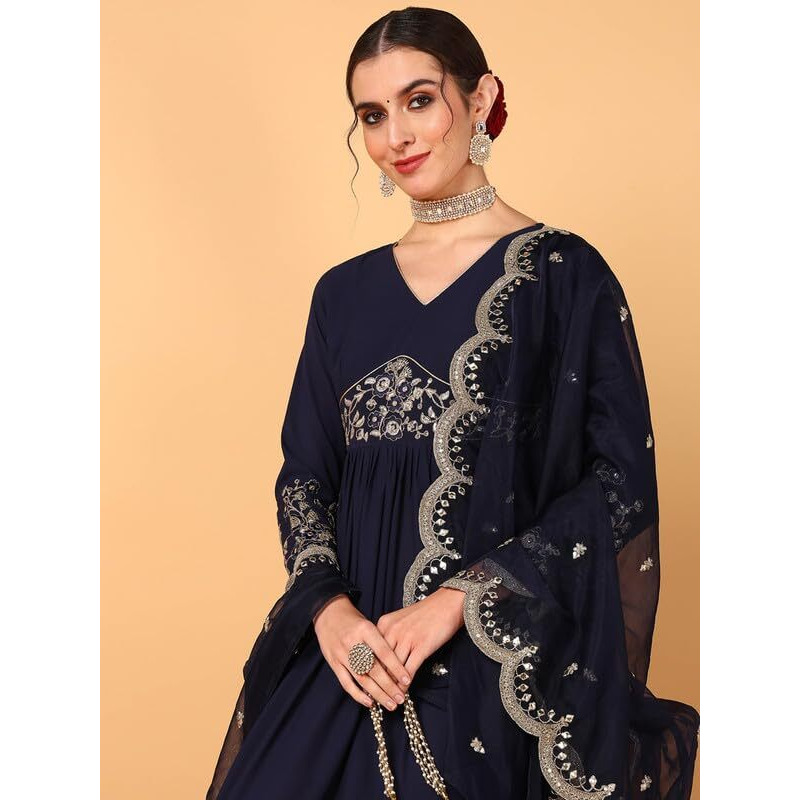 Vaamsi Women's Georgette Solid Embroidered Anarkali Kurta With Dupatta (VKSET1486_Blue_S)