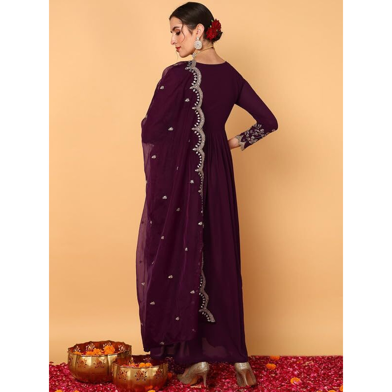 Vaamsi Women's Georgette Solid Embroidered Anarkali Kurta With Dupatta (VKSET1489_Purple_S)