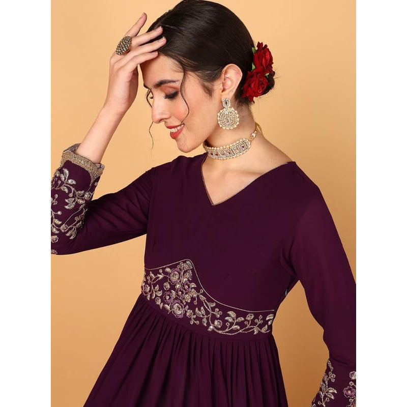 Vaamsi Women's Georgette Solid Embroidered Anarkali Kurta With Dupatta (VKSET1489_Purple_S)