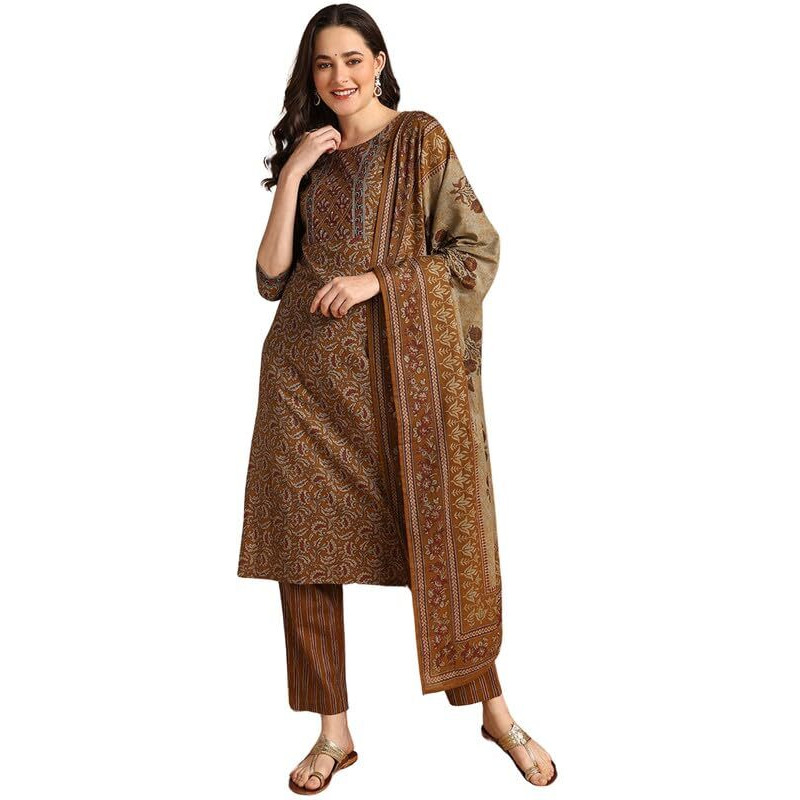 Vaamsi Women's Pure Cotton Floral Printed Straight Kurta Pant With Dupatta (VKSKD2148_Mustard_S)