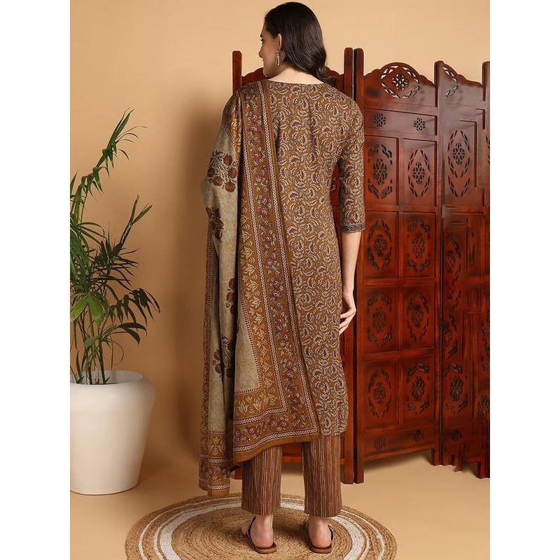 Vaamsi Women's Pure Cotton Floral Printed Straight Kurta Pant With Dupatta (VKSKD2148_Mustard_S)