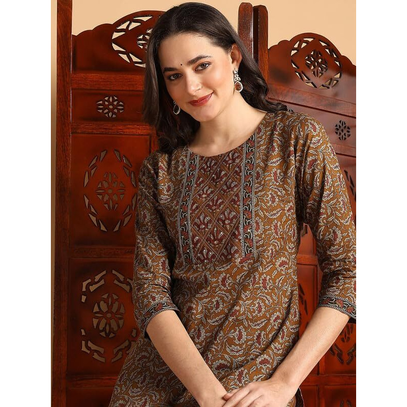 Vaamsi Women's Pure Cotton Floral Printed Straight Kurta Pant With Dupatta (VKSKD2148_Mustard_S)