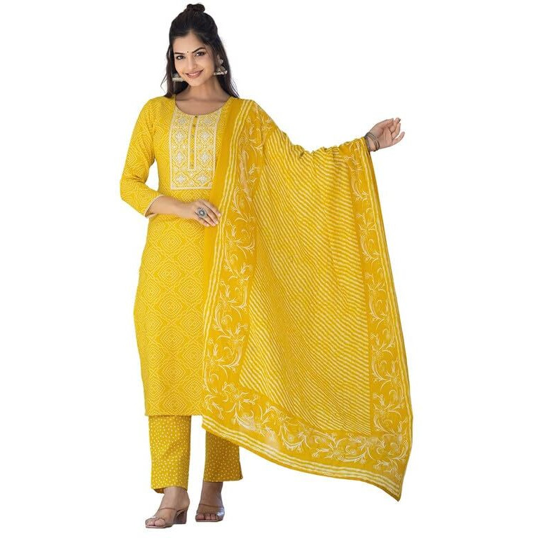 Vaamsi Women's Bandhani Straight Embroidered Kurta Pant With Dupatta (VKSKD2182_XS_Yellow)