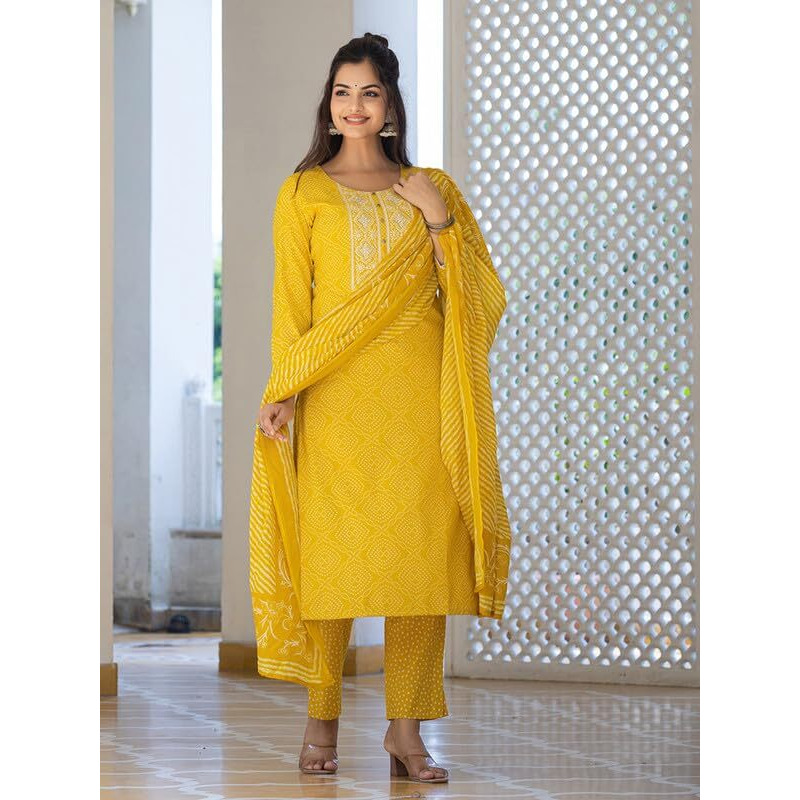 Vaamsi Women's Bandhani Straight Embroidered Kurta Pant With Dupatta (VKSKD2182_XS_Yellow)