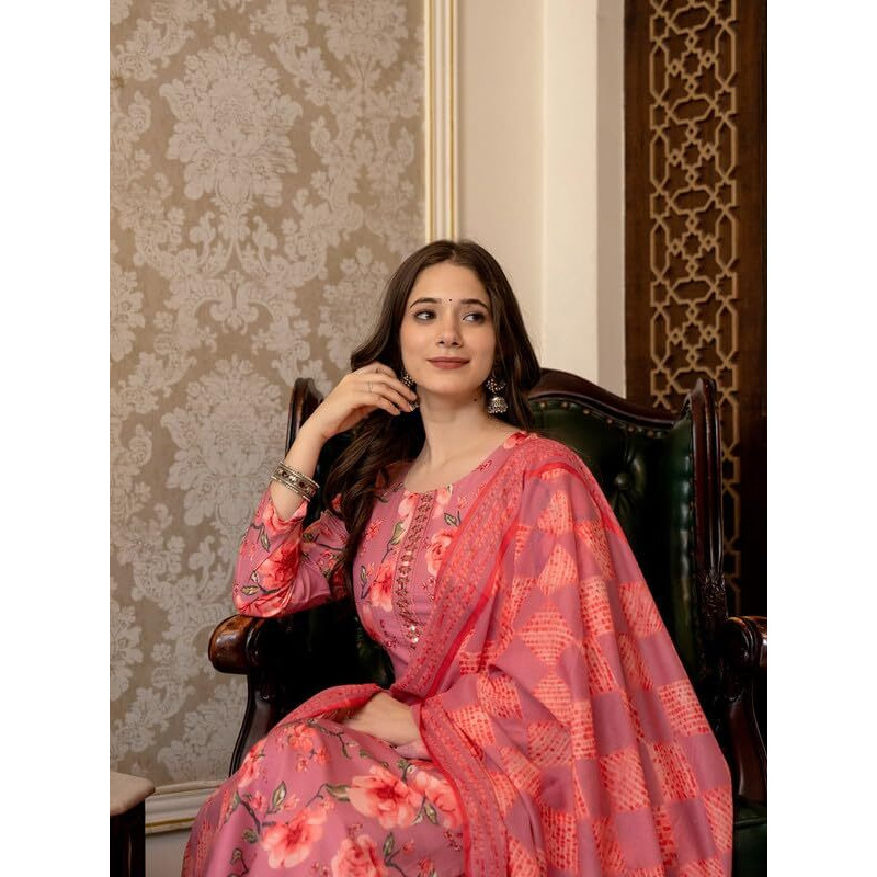 Vaamsi Women's Rayon Blend Floral Straight Printed Kurta Pant With Dupatta (PKSKD2566PNK_4XL_Pink)