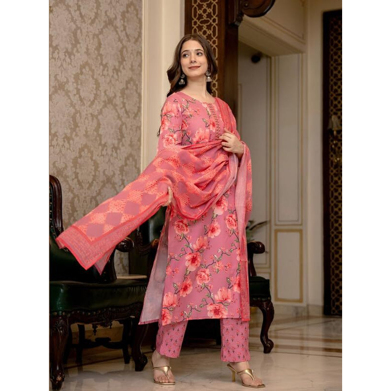 Vaamsi Women's Rayon Blend Floral Straight Printed Kurta Pant With Dupatta (PKSKD2566PNK_4XL_Pink)