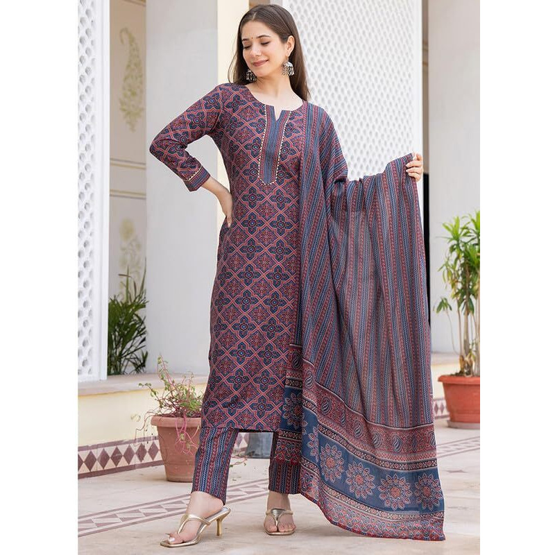 Vaamsi Women's Ethnic Motifs Straight Printed Kurta Pant With Dupatta Set (VKSKD2247_XS_Blue)