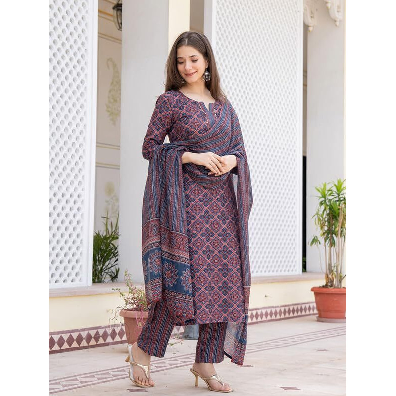 Vaamsi Women's Ethnic Motifs Straight Printed Kurta Pant With Dupatta Set (VKSKD2247_XS_Blue)