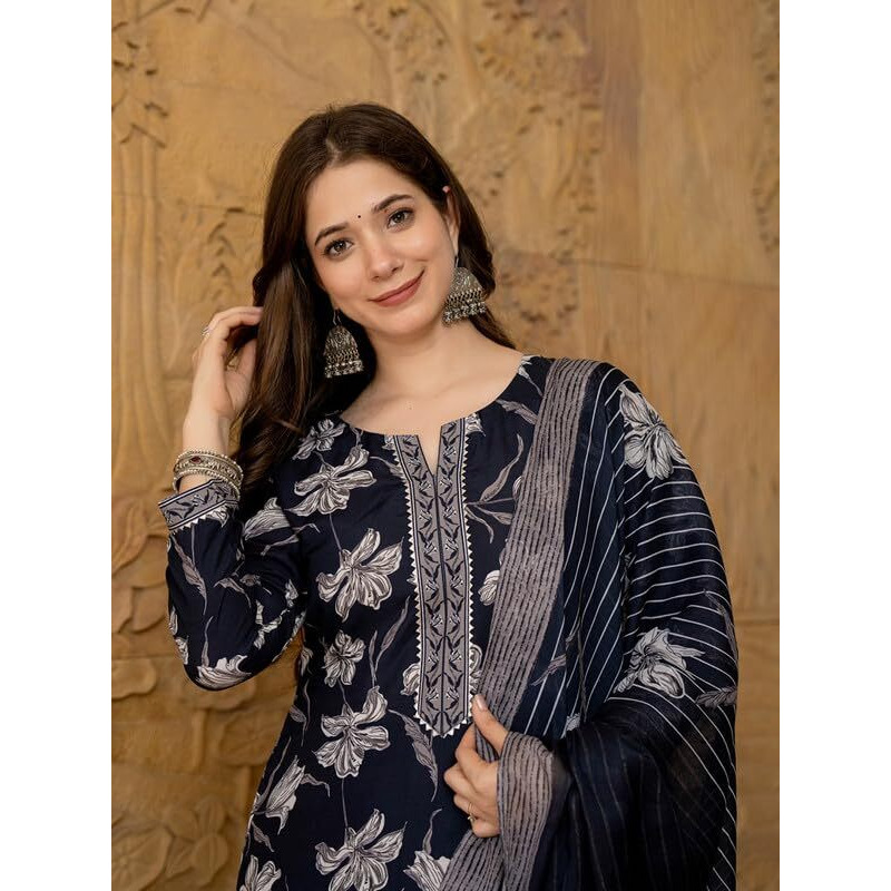 Vaamsi Women's Floral Straight Printed Kurta Pant With Dupatta Set (VKSKD2267_L_Black)