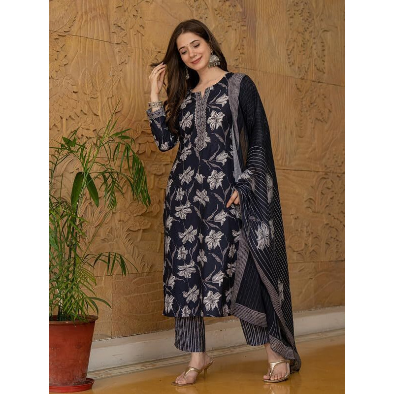 Vaamsi Women's Floral Straight Printed Kurta Pant With Dupatta Set (VKSKD2267_L_Black)