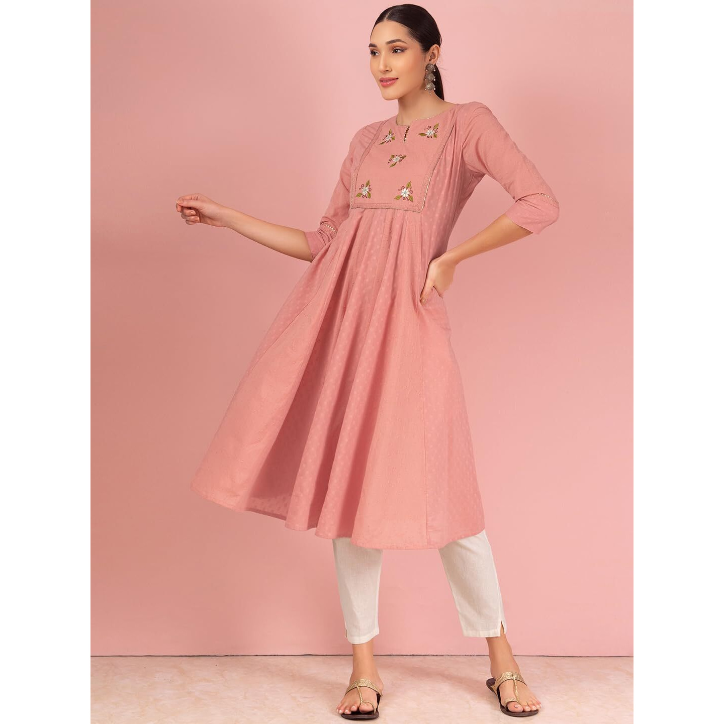 Indya Women's Regular Peach Embroidered Cotton A-Line Kurta (RTN00702_Orange