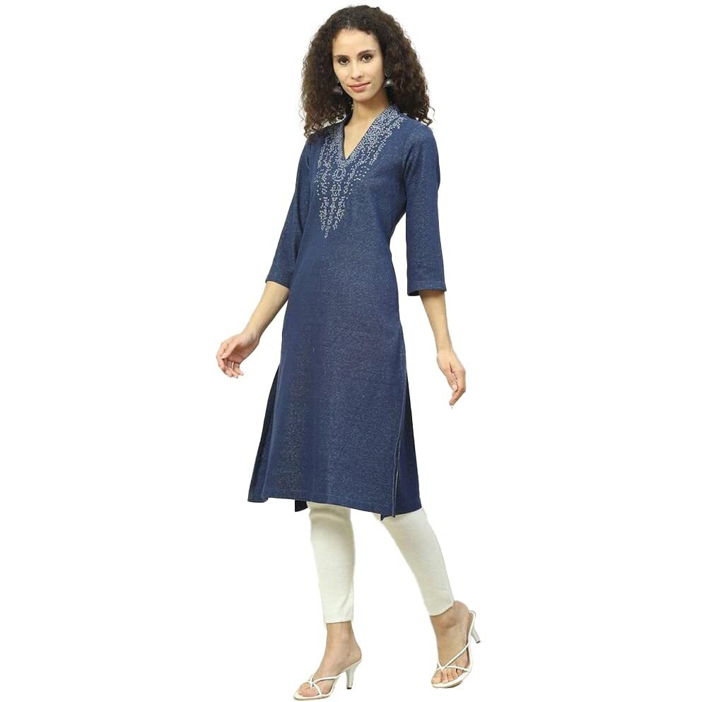 BIBA Women YARNDYED Mix and Match(Winter W18474_Indigo Blue_42)