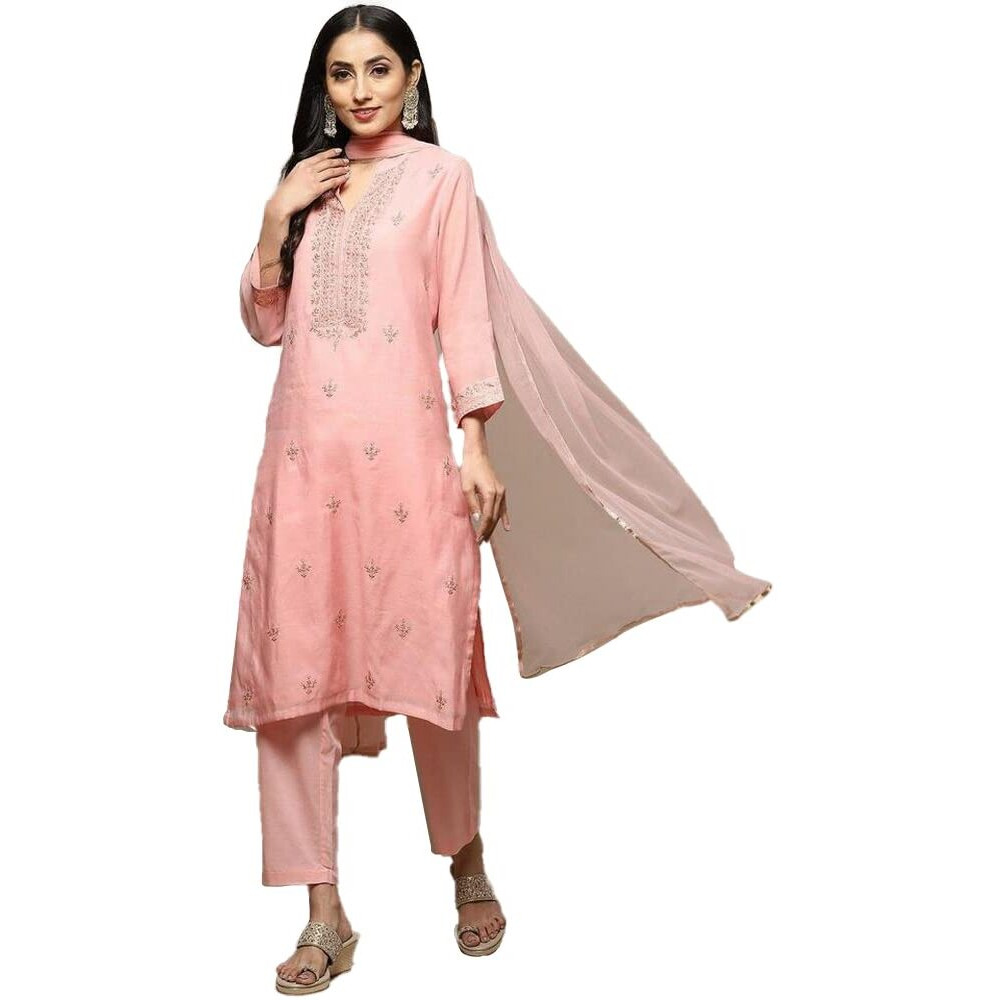 BIBA Women Chanderi Embroidery Narrow Salwar Kurta Dupatta(Skdassorted8491_Blush Pink_32)
