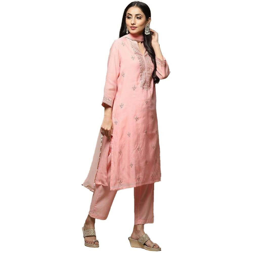 BIBA Women Chanderi Embroidery Narrow Salwar Kurta Dupatta(Skdassorted8491_Blush Pink_32)