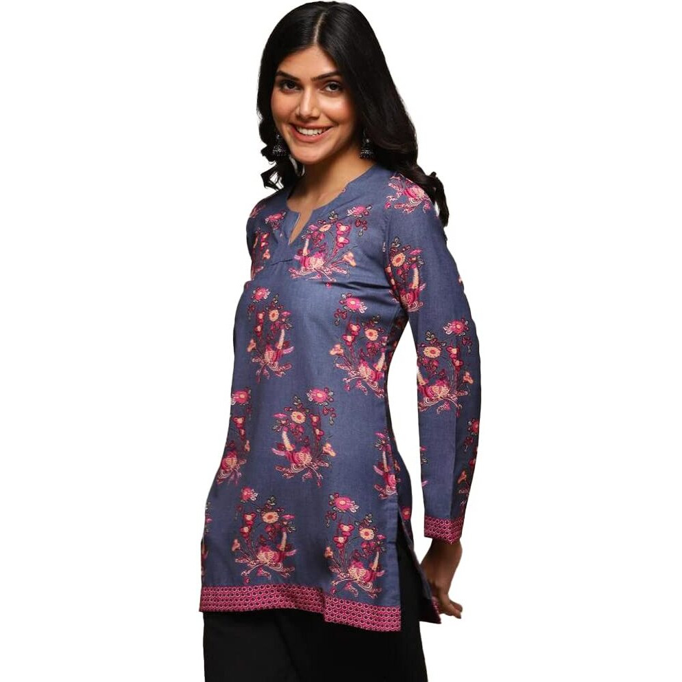 BIBA Women Polyester Printed Straight Kurta(Crepe KU19247_Blue_M)