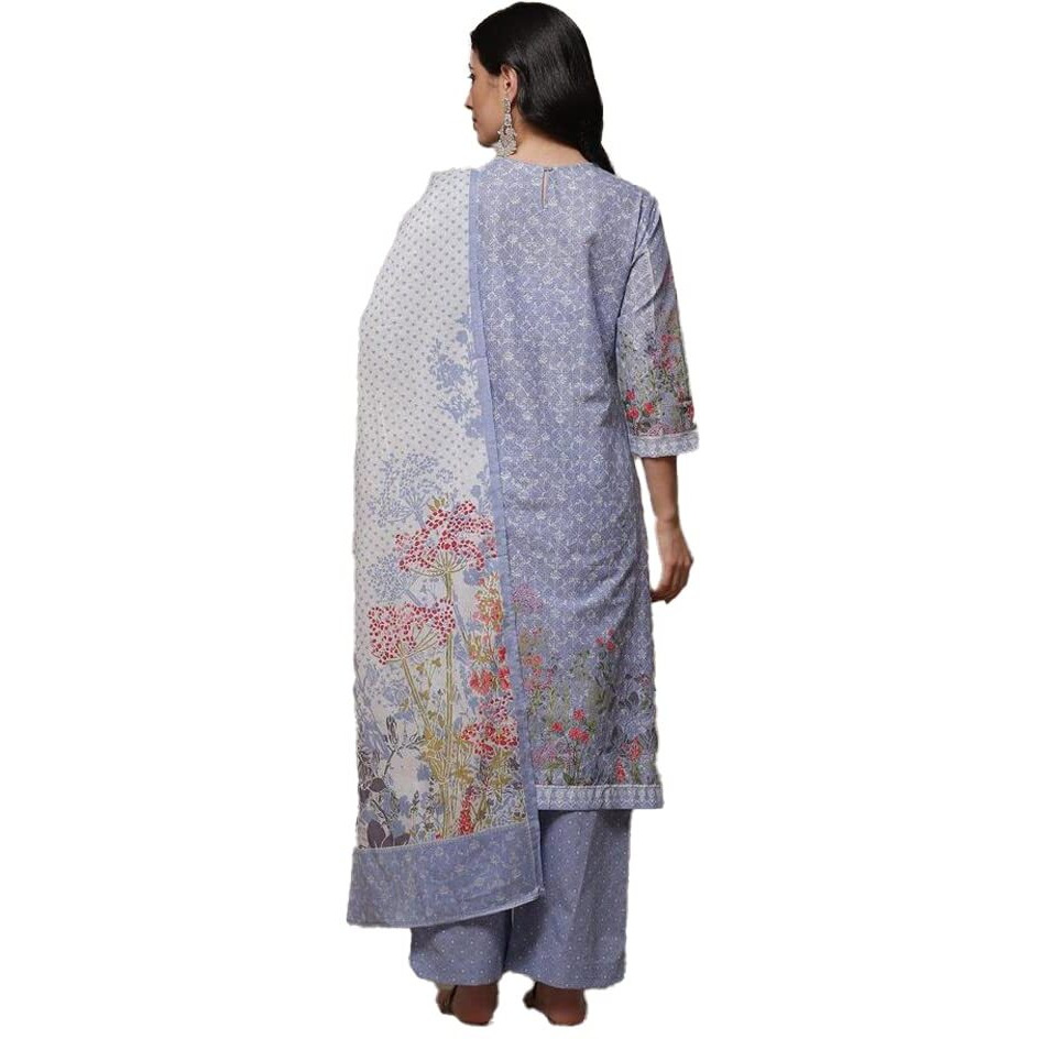 BIBA Cotton Women Printed Straight Salwar Kurta Dupatta(Skdassorted8740_Powder Blue_34)