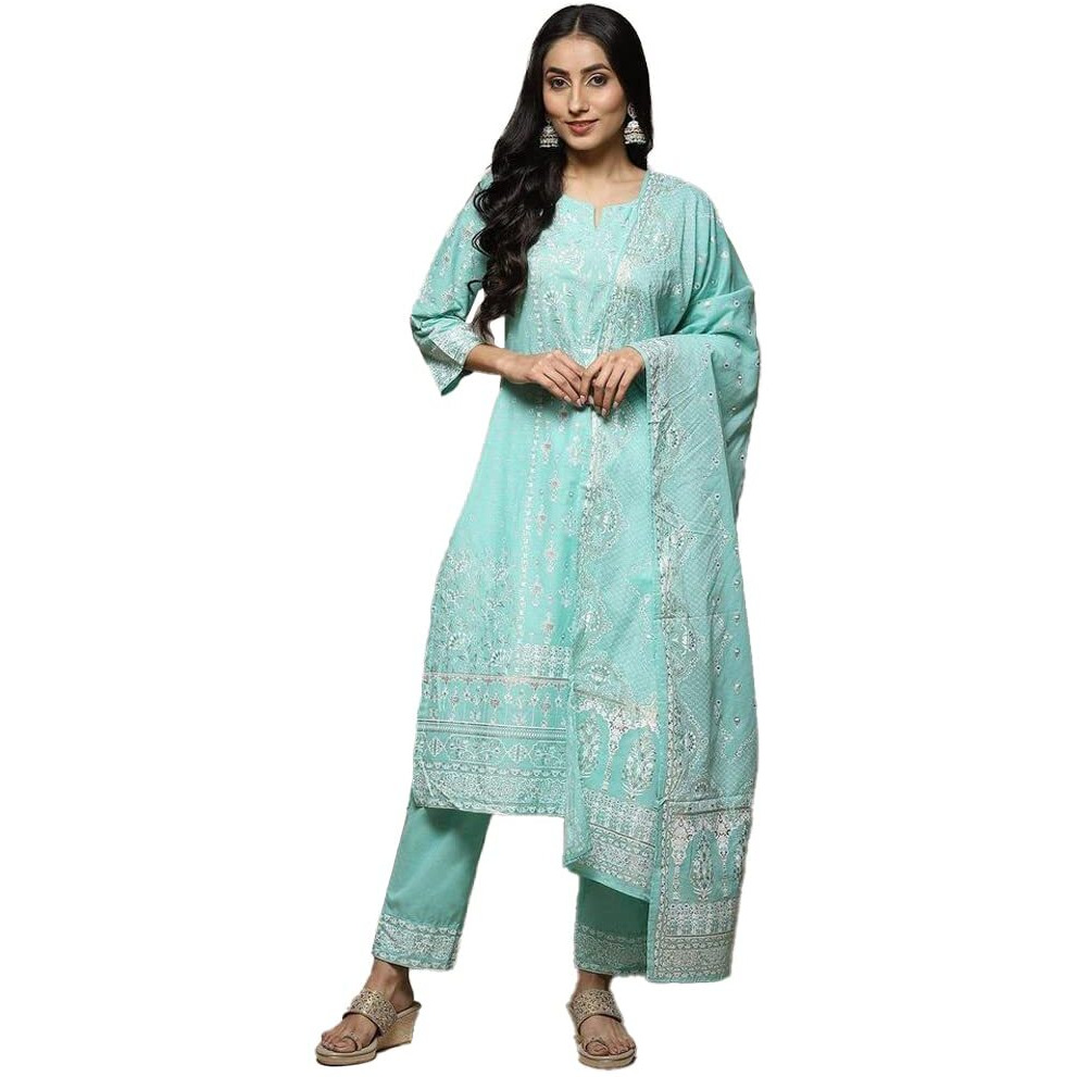 BIBA Women's Cotton Salwar Kurta Dupatta Suit Set Sea Green M