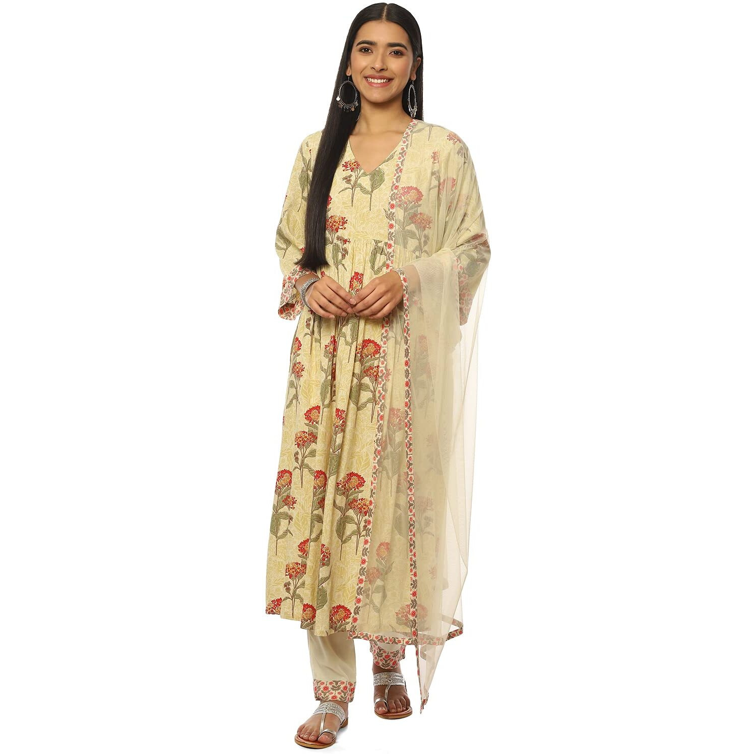 BIBA Rayon Women Printed Narrow Salwar Kurta Dupatta(Skdassorted8760_Sea Green_40)