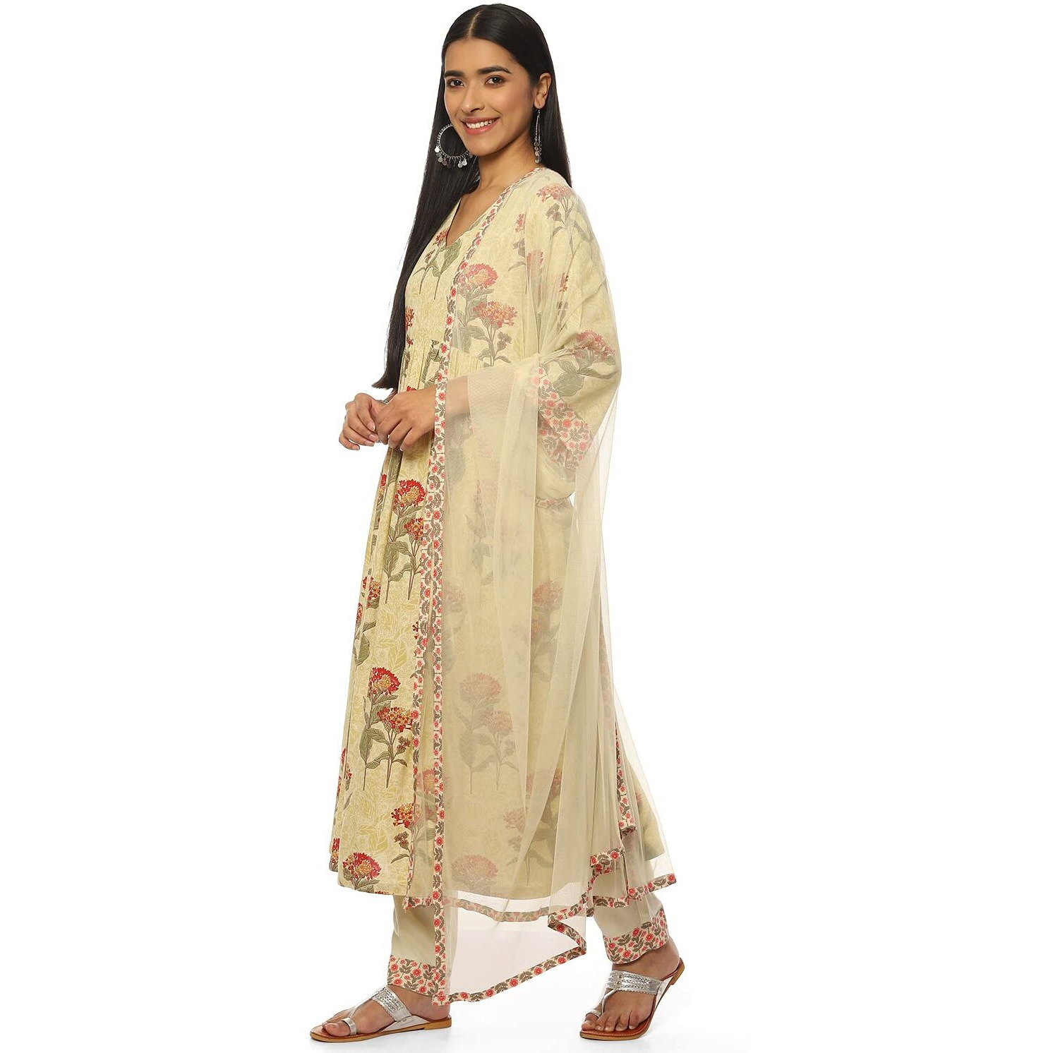 BIBA Rayon Women Printed Narrow Salwar Kurta Dupatta(Skdassorted8760_Sea Green_40)