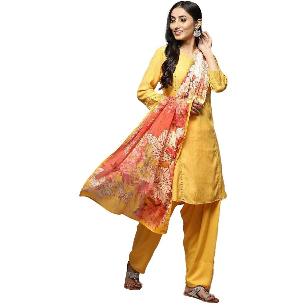 BIBA WOMEN YARNDYED RELAXED SALWAR KURTA DUPATTA(SKDLOUNGE I8523_YELLOW_40)