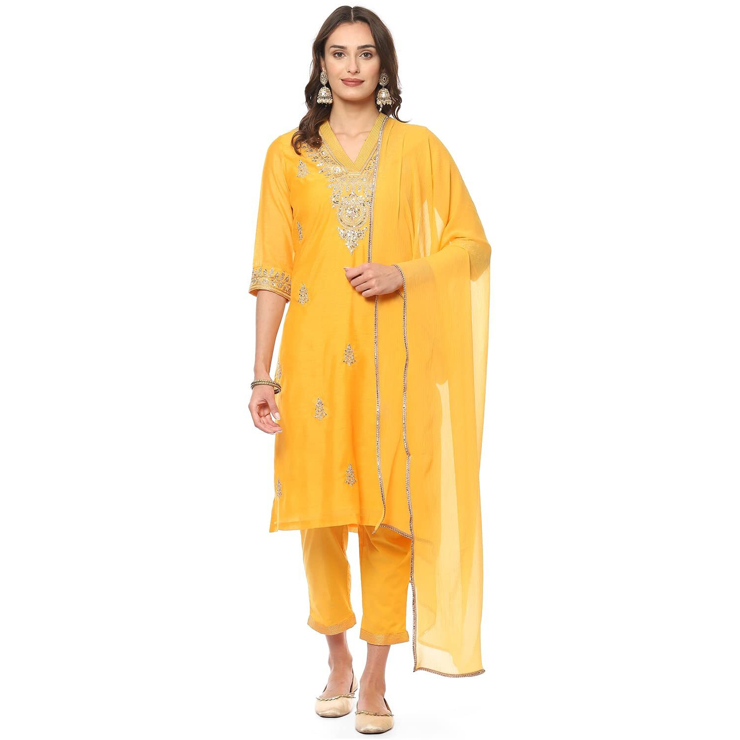 BIBA Women Embroidery Narrow Salwar Cotton Kurta Pant With Dupatta (Skdassorted8497_Yellow_38)