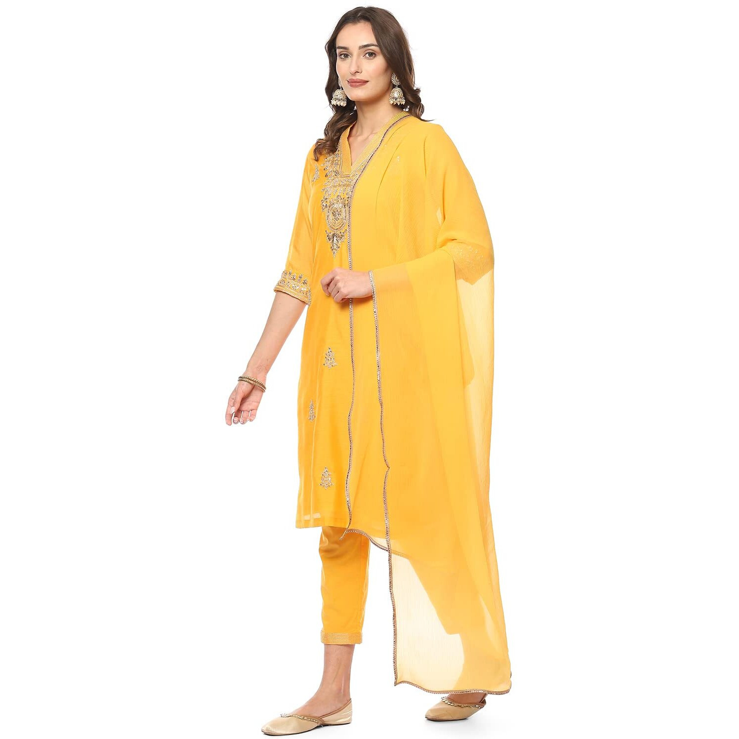 BIBA Women Embroidery Narrow Salwar Cotton Kurta Pant With Dupatta (Skdassorted8497_Yellow_38)