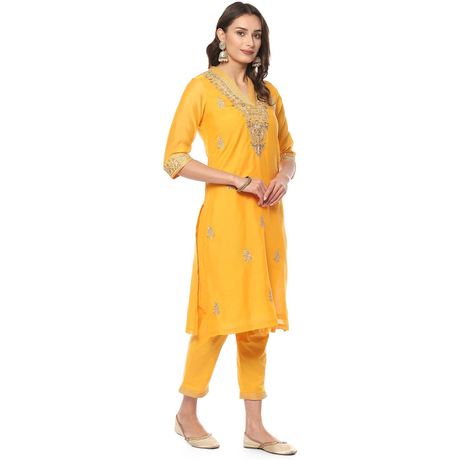 BIBA Women Embroidery Narrow Salwar Cotton Kurta Pant With Dupatta (Skdassorted8497_Yellow_38)