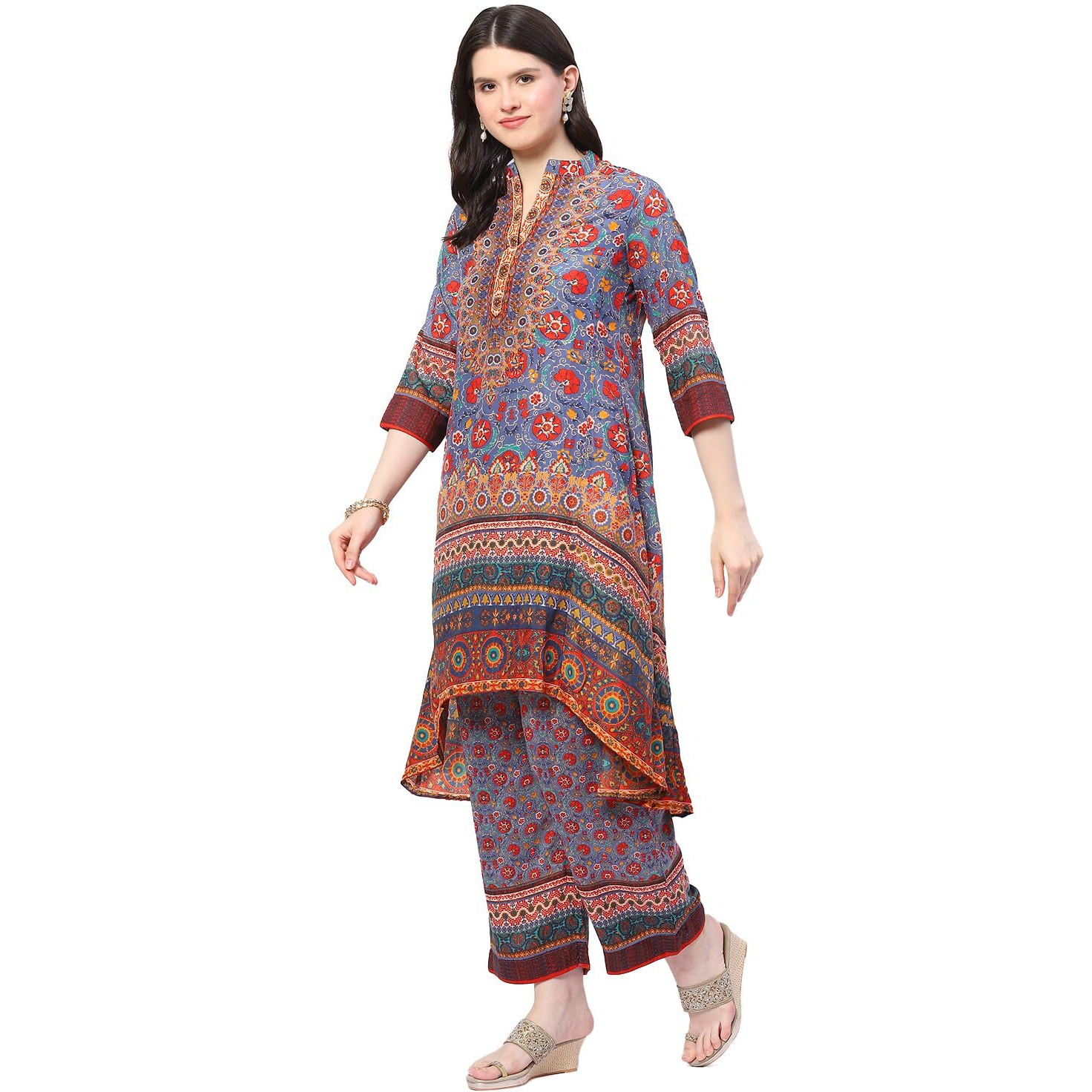 BIBA WOMEN PRINTED ASYMMETRIC SALWAR KURTA DUPATTA(SKDARABINA9051_BLUE_38)
