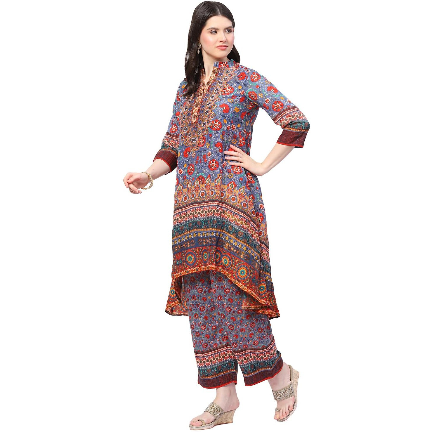 BIBA WOMEN PRINTED ASYMMETRIC SALWAR KURTA DUPATTA(SKDARABINA9051_BLUE_38)