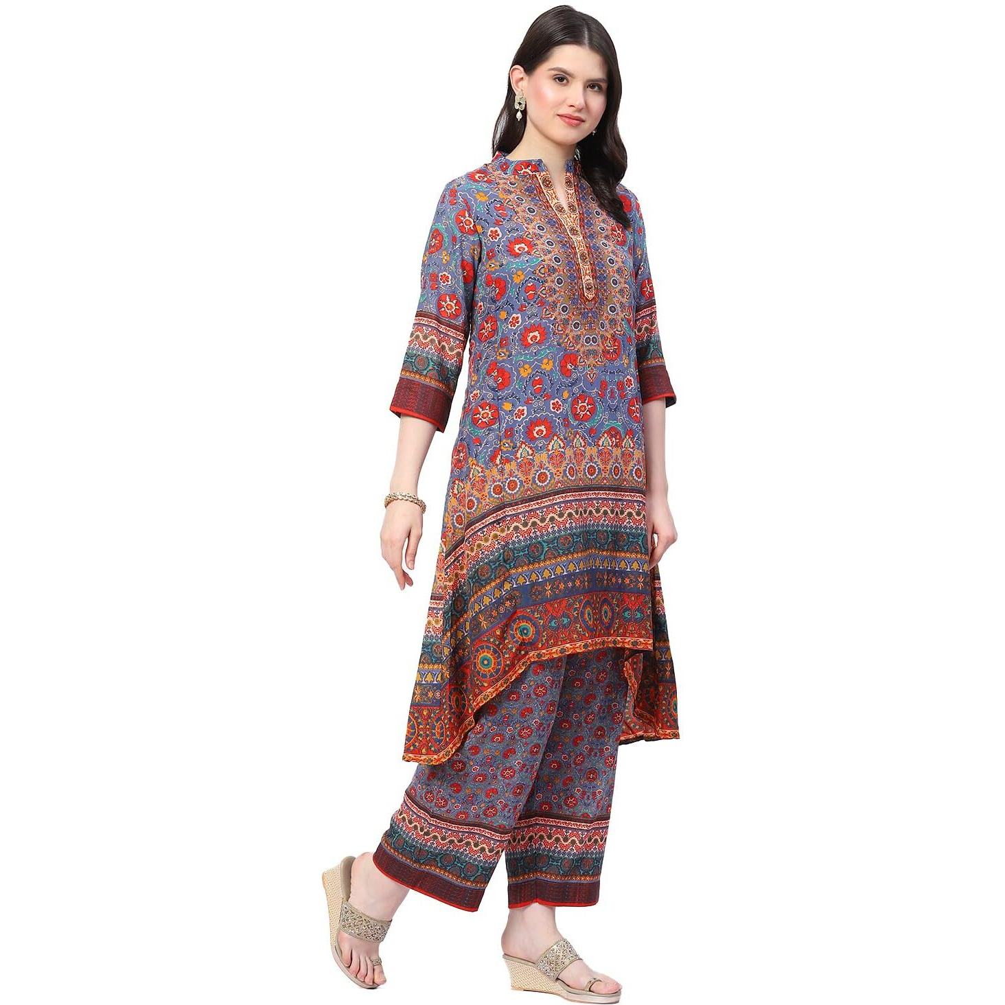 BIBA WOMEN PRINTED ASYMMETRIC SALWAR KURTA DUPATTA(SKDARABINA9051_BLUE_38)