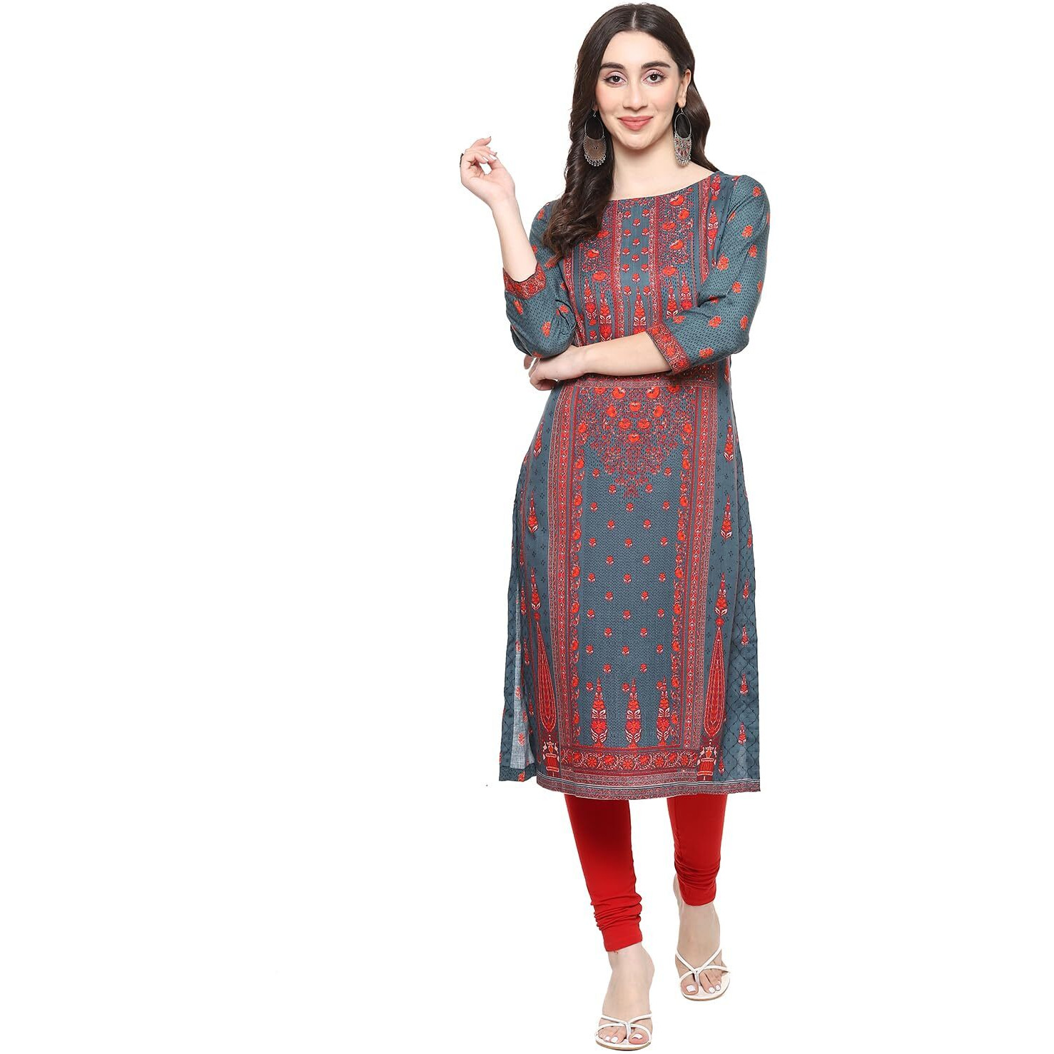 BIBA Rayon Women Printed Straight Mix and Match Kurta (Assorted19749_Teal_32)