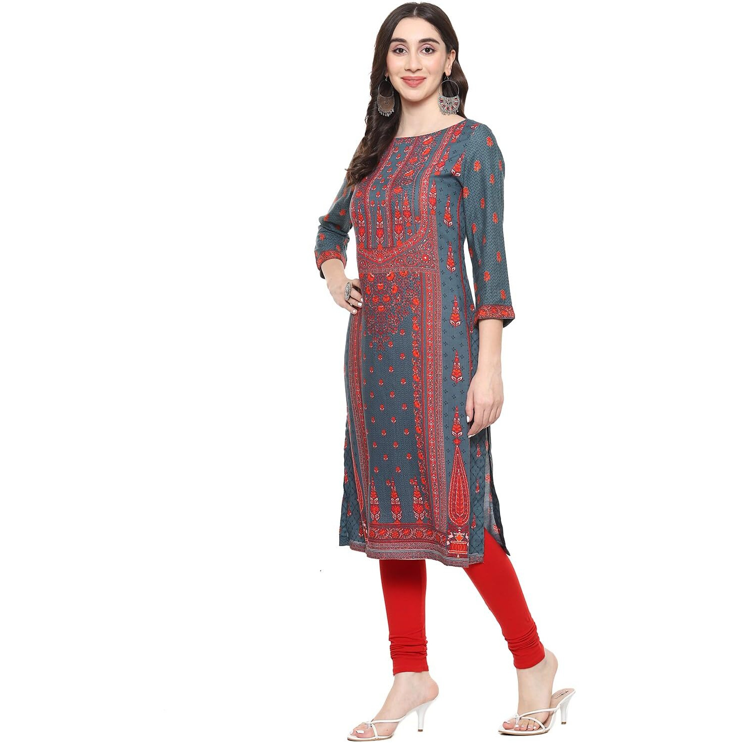BIBA Rayon Women Printed Straight Mix and Match Kurta (Assorted19749_Teal_32)