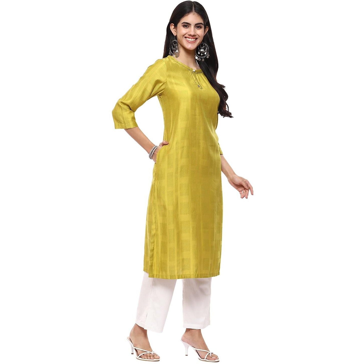BIBA Women YARNDYED Straight Mix and Match(Work WEA19637_NEON Green_40)