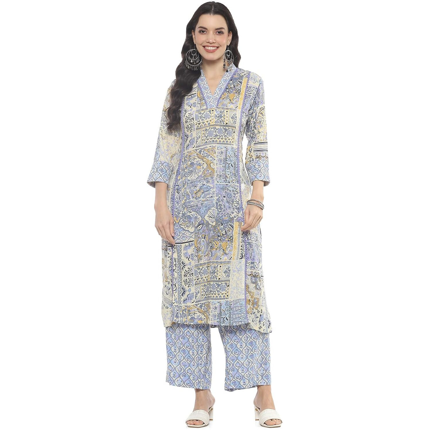 BIBA Women PRINTED STRAIGHT KURTA MIX AND MATCH(SANGANER PATCHWORK2370_BLUE_36)