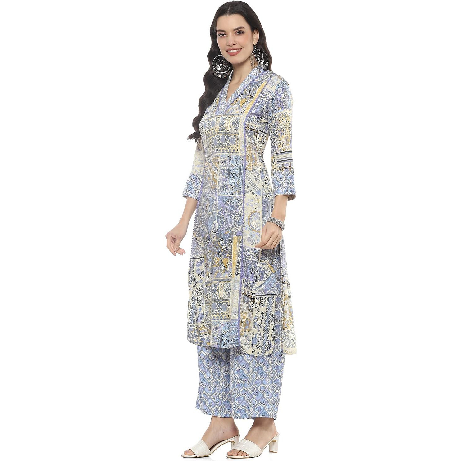 BIBA Women PRINTED STRAIGHT KURTA MIX AND MATCH(SANGANER PATCHWORK2370_BLUE_36)