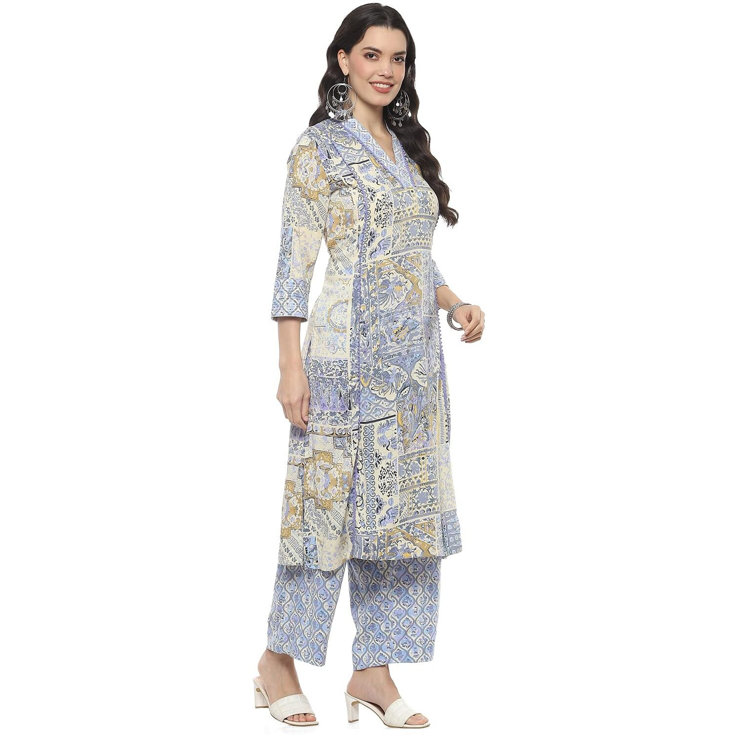 BIBA Women PRINTED STRAIGHT KURTA MIX AND MATCH(SANGANER PATCHWORK2370_BLUE_36)