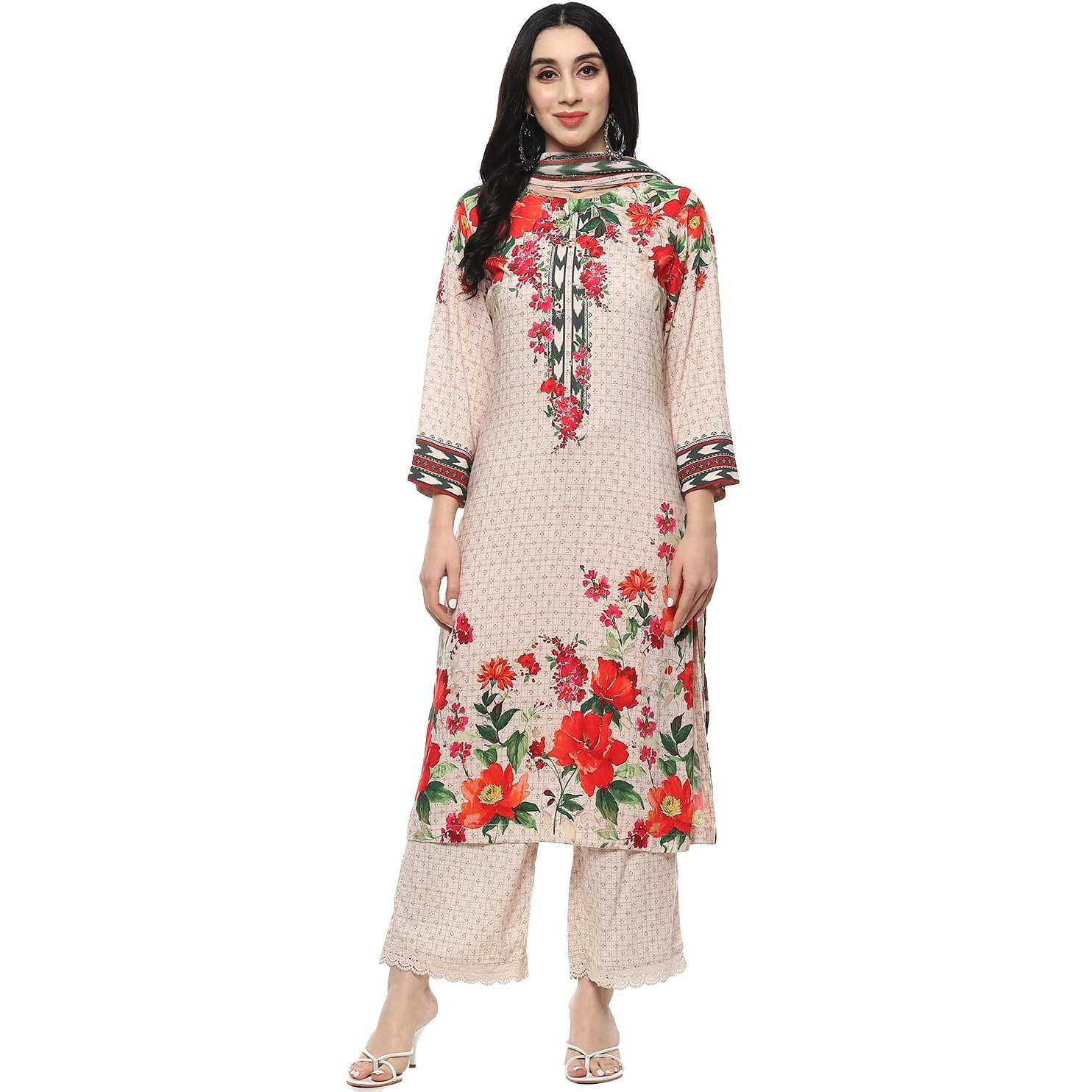 BIBA Rayon Women's Printed Straight Salwar Kurta Dupatta(Skdassorted9709_Beige_32)