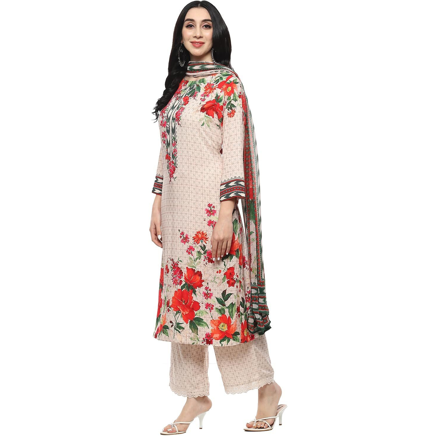 BIBA Rayon Women's Printed Straight Salwar Kurta Dupatta(Skdassorted9709_Beige_32)