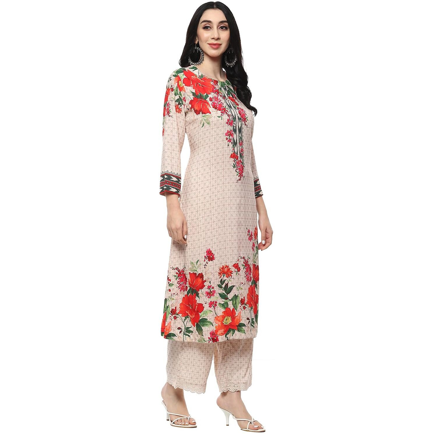BIBA Rayon Women's Printed Straight Salwar Kurta Dupatta(Skdassorted9709_Beige_32)
