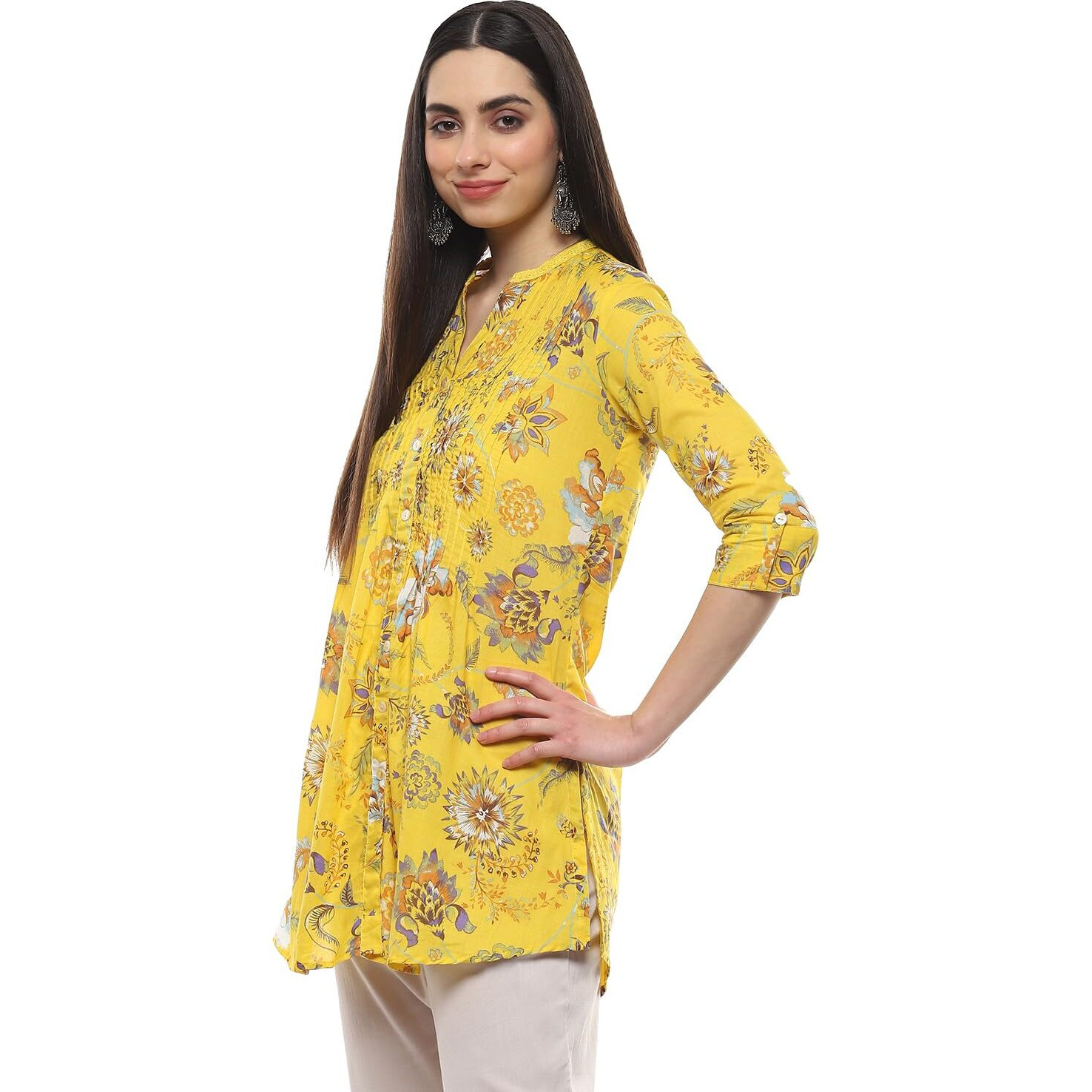 BIBA Women PRINTED SHORT_KURTA MIX AND MATCH(CHINTZ POP COLLECTION20228_YELLOW_34)