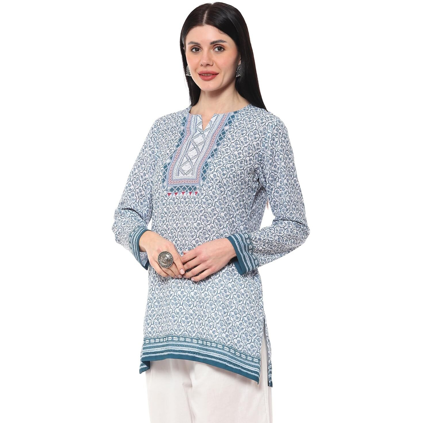 BIBA Women Printed Straight Mix and Match(Crepe KURTI20368_Indigo_32)