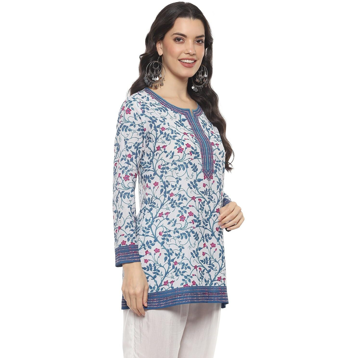 BIBA Women Printed Straight Mix and Match(Crepe KURTI20372_Blue_40)