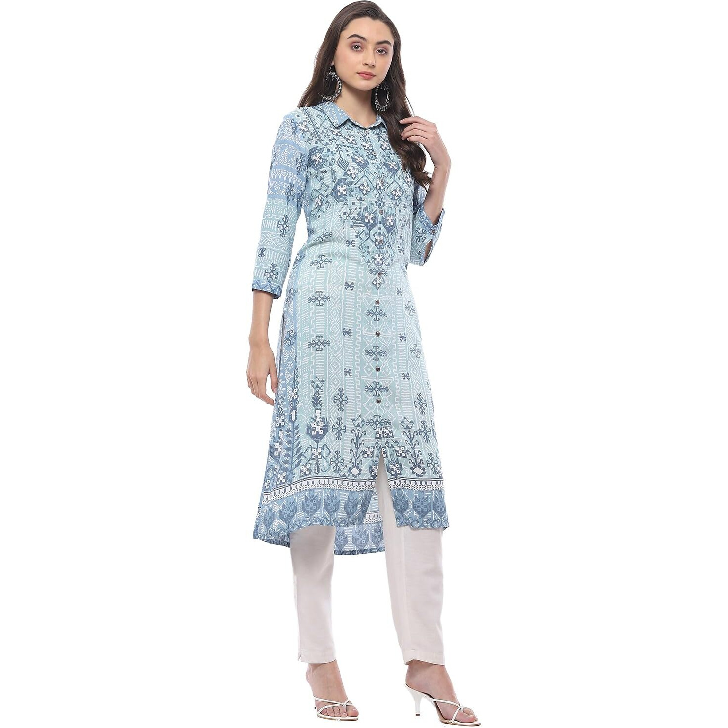 BIBA Women Rayon Printed Straight Kurta Mix and Match(Tattoo Art Collection20413_Ice Blue_Small)
