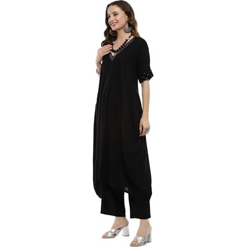 BIBA Women's Black Rayon Asymmetric Suit Set (SKDNORNI9869AW24BLK