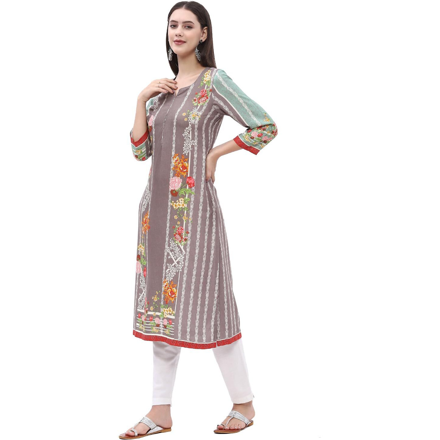 BIBA Women's Rayon Regular Tunic Shirt (ASSORTED18699EAW24GRY_Grey